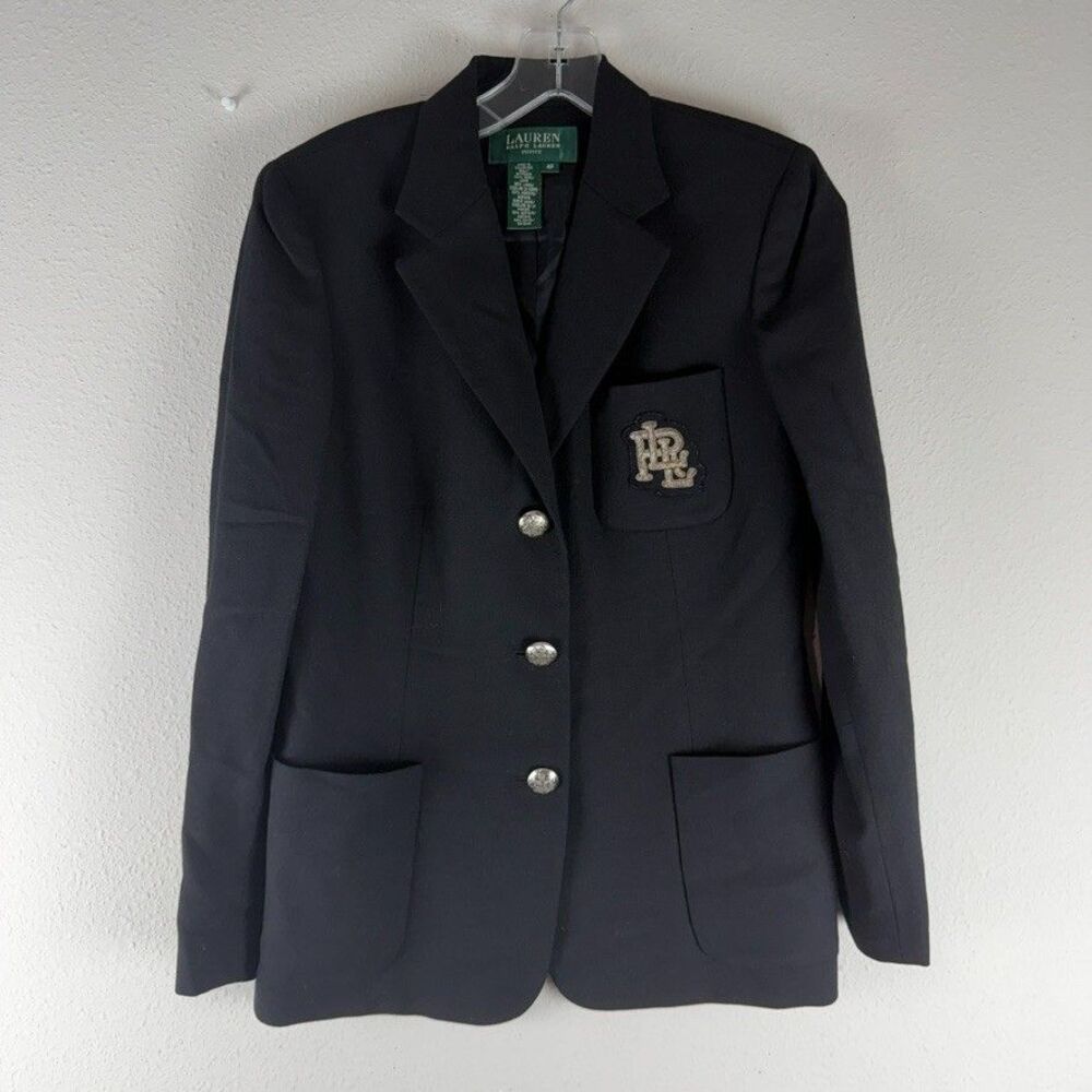 Lauren Ralph Lauren Crest Wool Blazer Jacket 4P Black LRL Patch Preppy Academia
